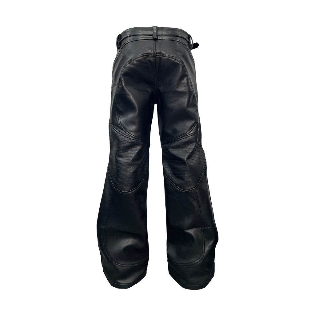 PCCVISION Pleated Knee Flare Faux Leather Pants