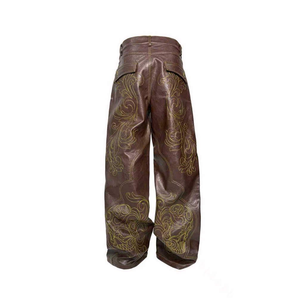 PCCVISION Gothic Skull Stitch PU Pants Brown