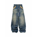 PCCVISION Washed Spliced Wrinkled Baggy Jeans