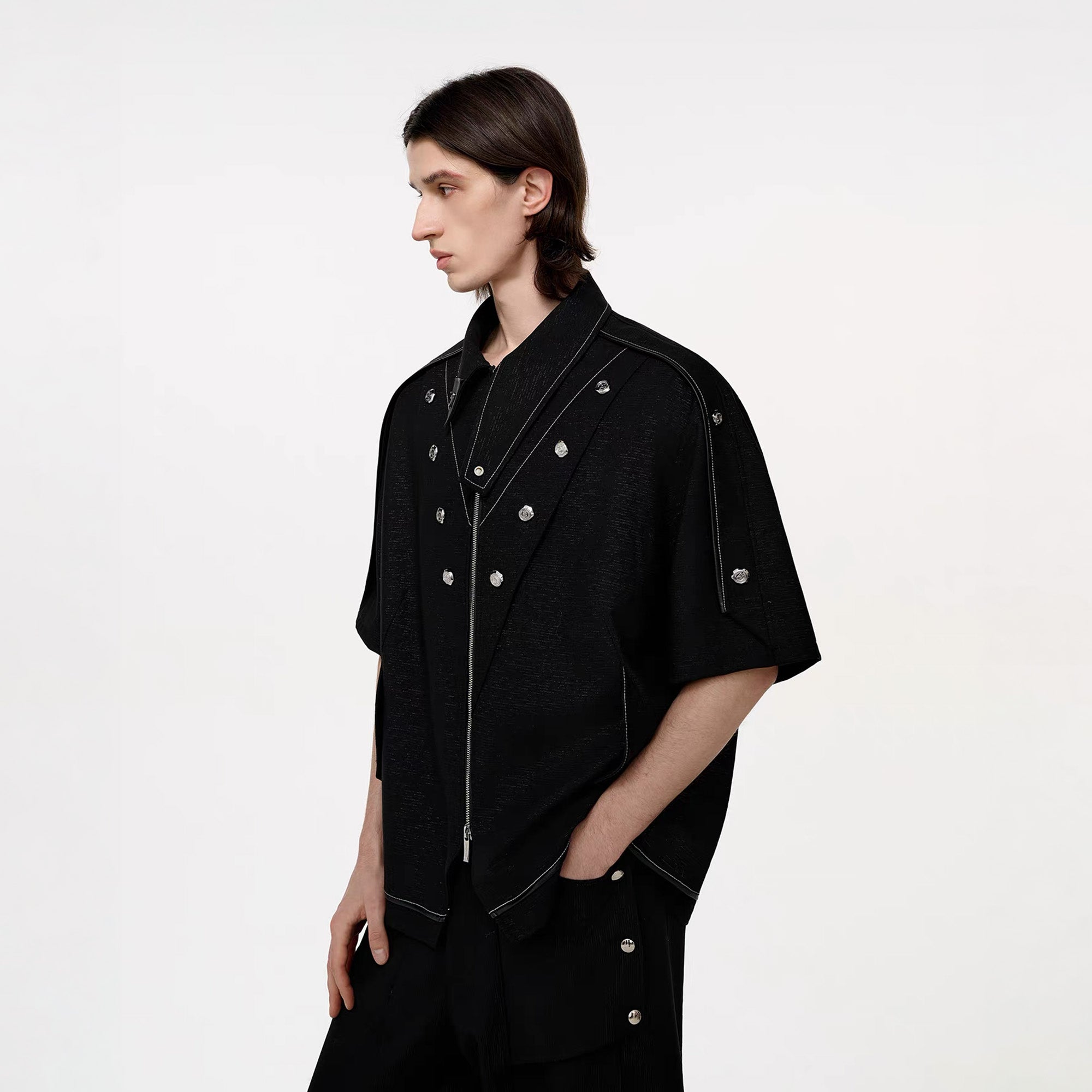 TIWILLTANG Studded Trim Zip-Up Half Shirt