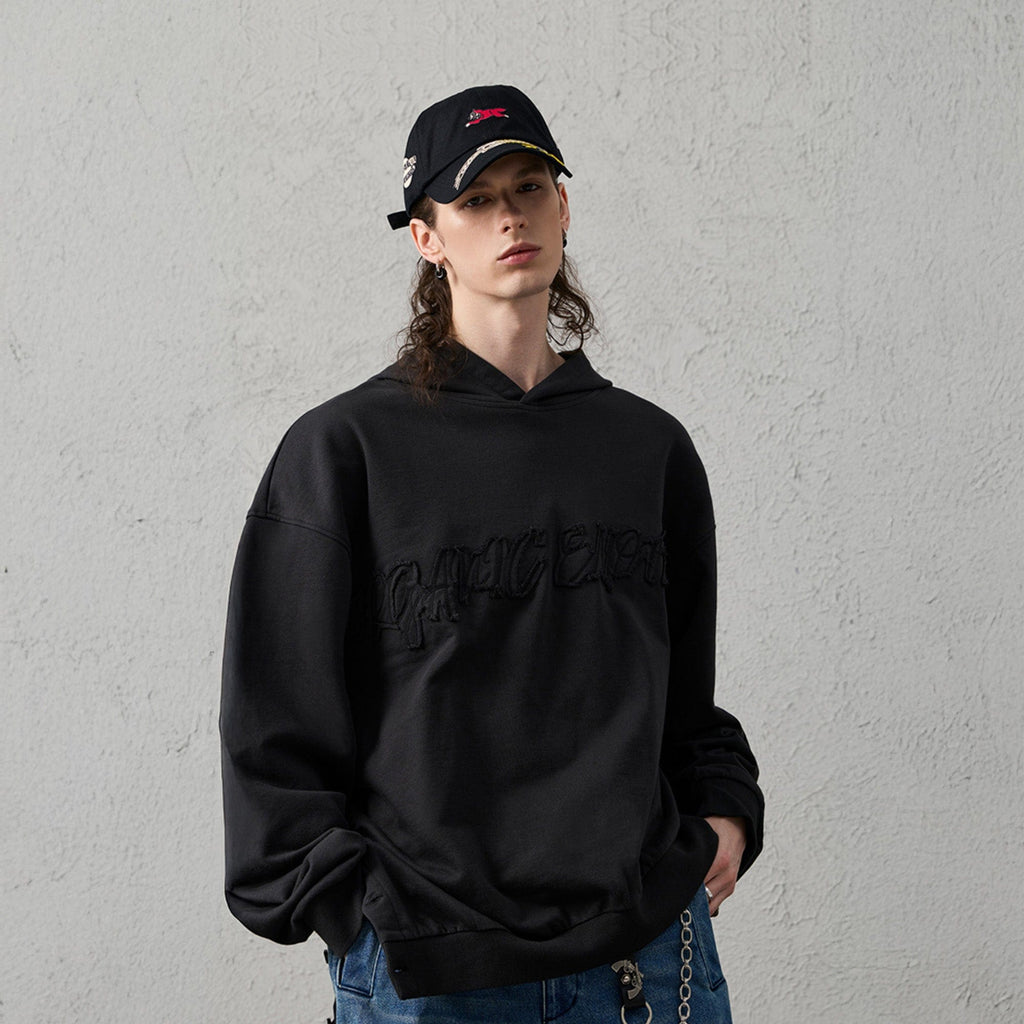 ORGANIC EMOTION Asymmetrical Hem LOGO Embroidered Hoodie