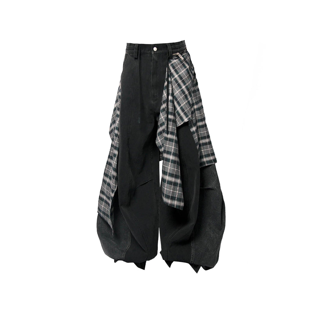 RELABEL Detachable Plaid Back Flap Spliced Jeans