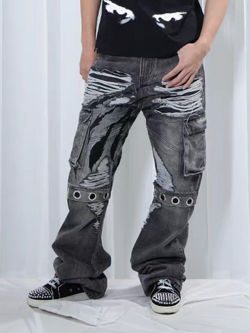 VINKID Distressed Grommet Strap Flared Jeans