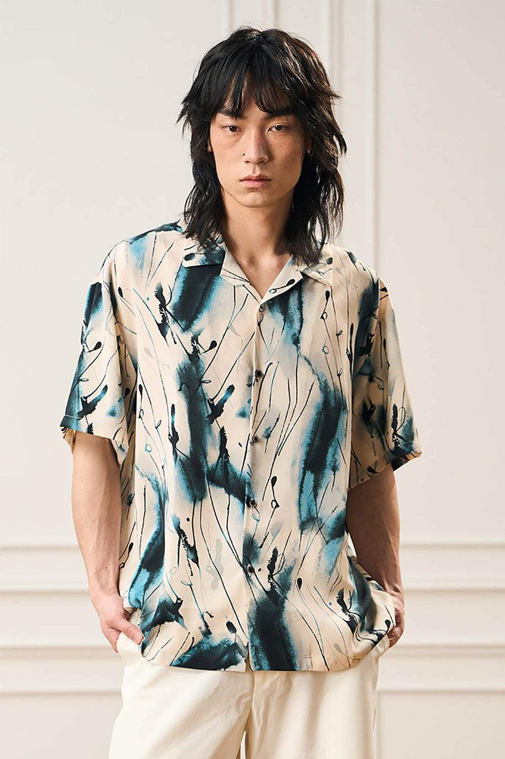 EPIC POETRY Ink Splash Cuban Half Shirt  Blue