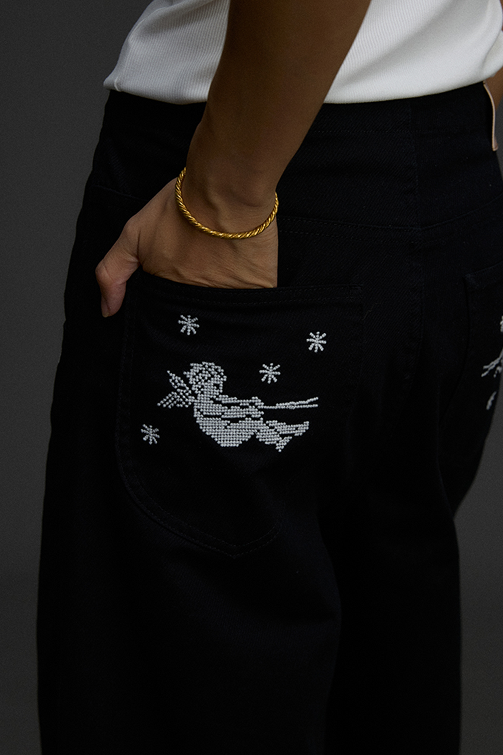NIANJIUYIKOUER Embroidered Wide-Leg Twill Pants