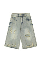 CLP Washed Ripped Knee-Length Denim Shorts