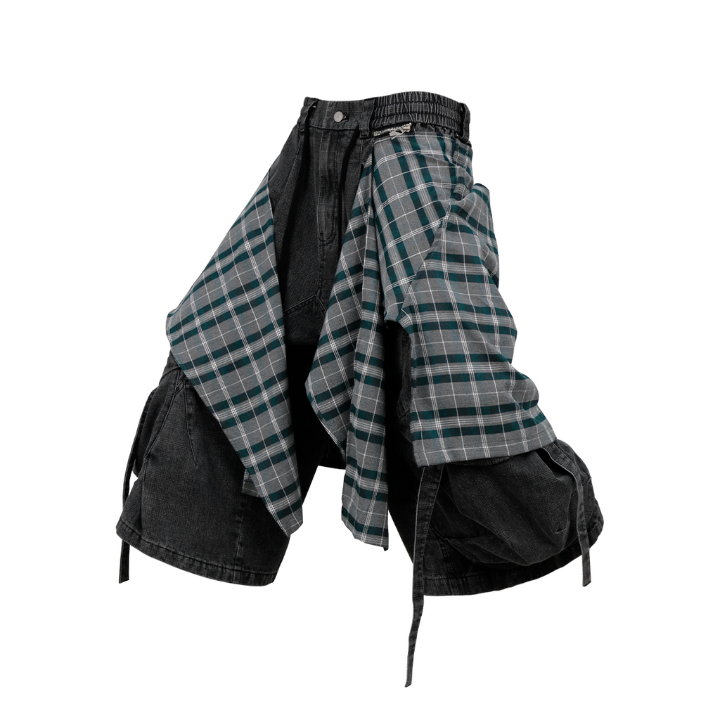 RELABEL Detachable Plaid Drape Oversized Denim Shorts