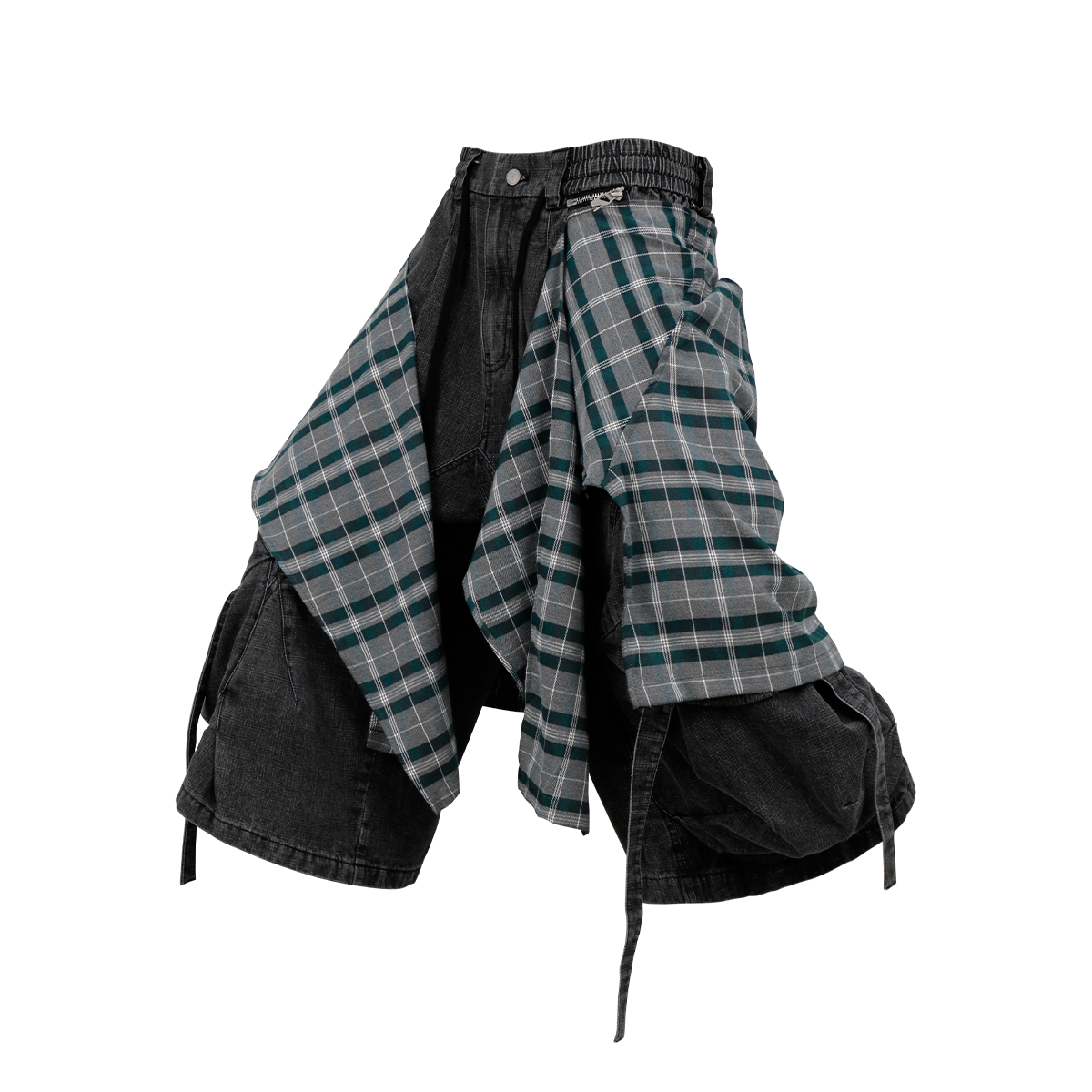 RELABEL Detachable Plaid Drape Oversized Denim Shorts