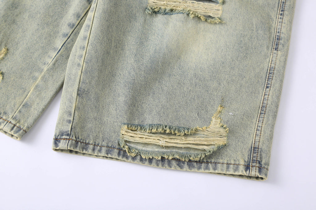 CLP Washed Ripped Knee-Length Denim Shorts