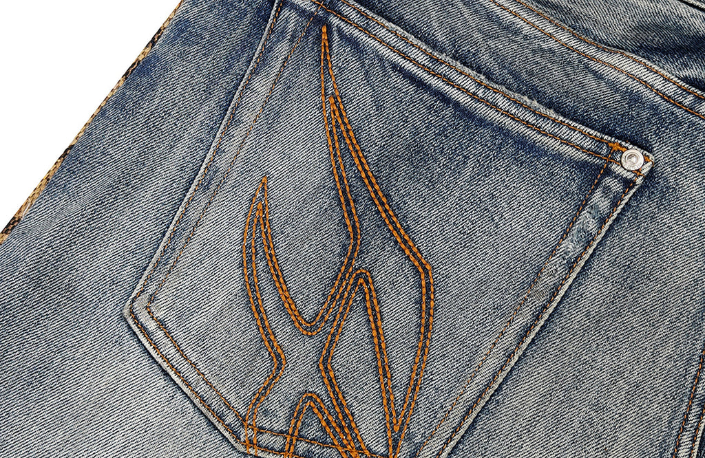 FACEONLAB Leopard Panel Distressed Straight-Leg Jeans