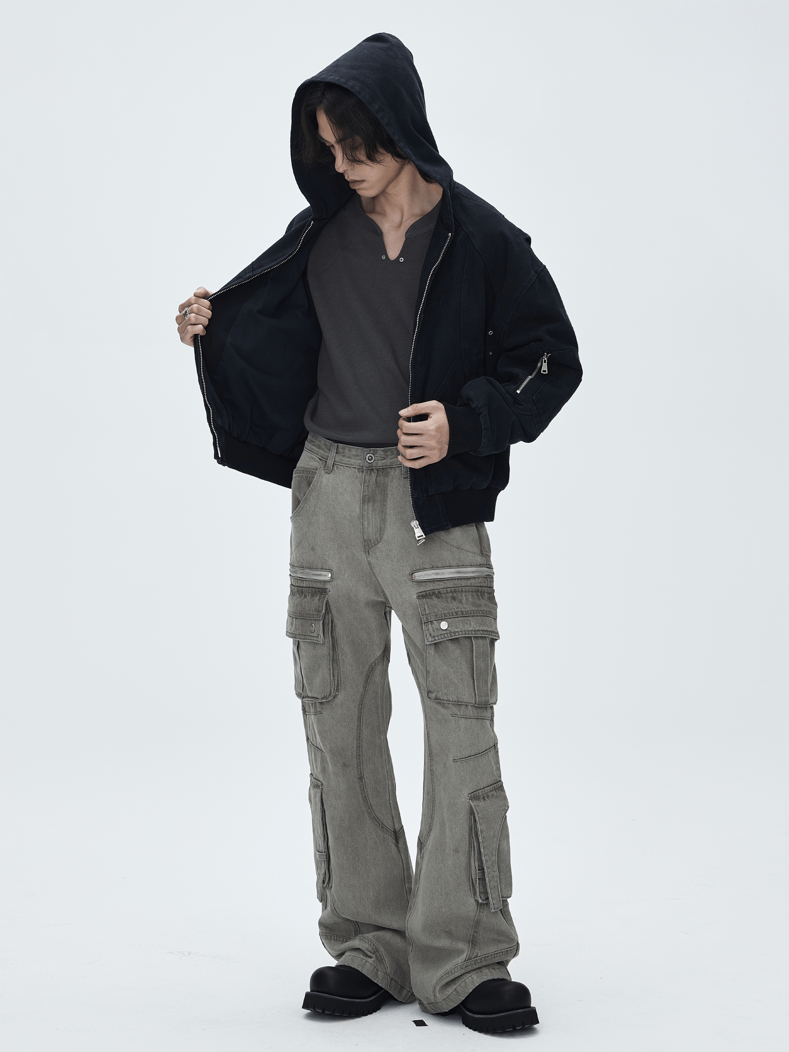 CATSSTAC Washed Multi-Pocket Utility Straight-Leg Jeans
