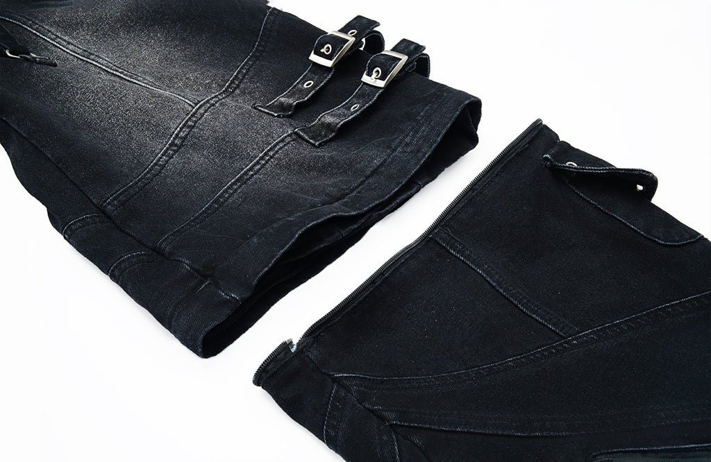 MOGONGSHE Detachable Drape-Strap Washed Jeans
