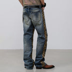 FACEONLAB Leopard Panel Distressed Straight-Leg Jeans