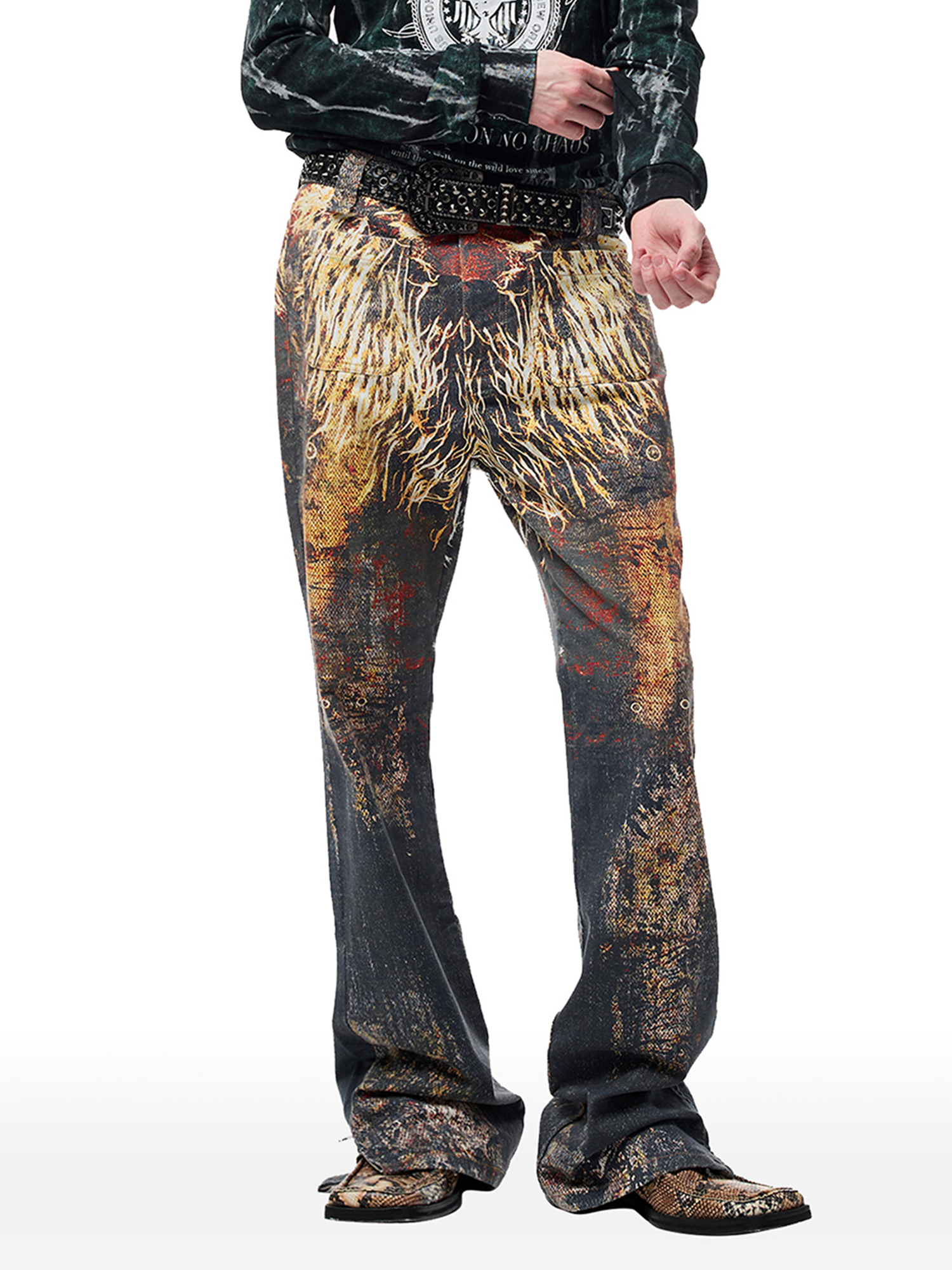 CYCYCY Feather Full-Print Slim Flared Jeans