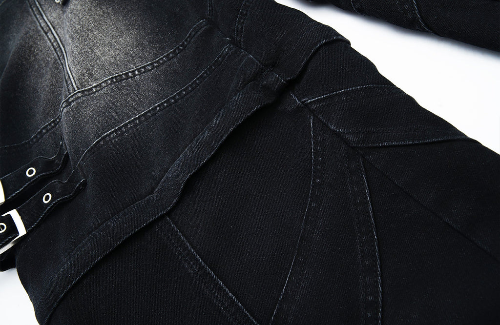 MOGONGSHE Detachable Drape-Strap Washed Jeans