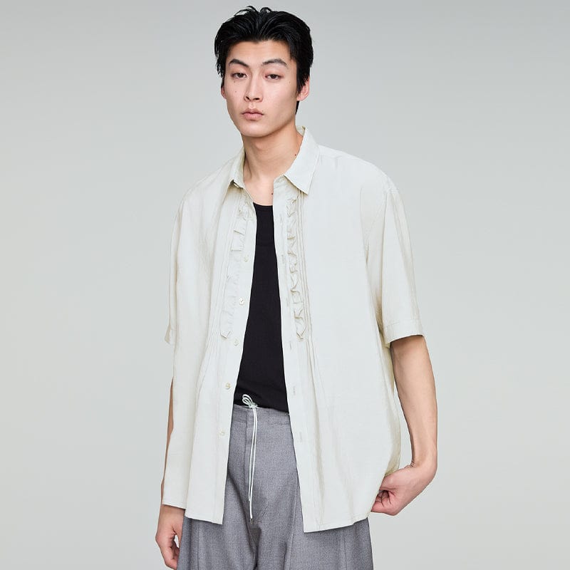 OPICLOTH Retro Pintuck Ruffle Modal Blend Half Shirt