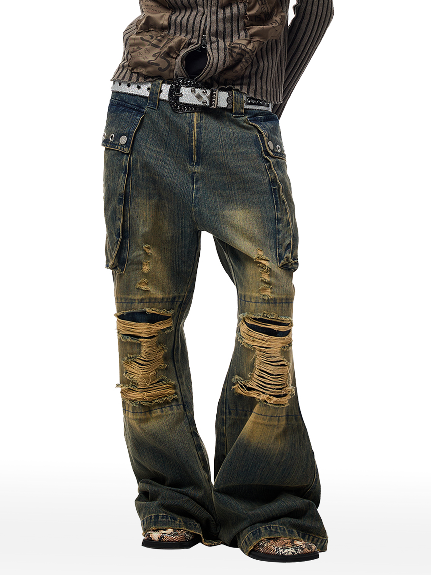 CYCYCY Distressed Big-Pocket Flared Jeans
