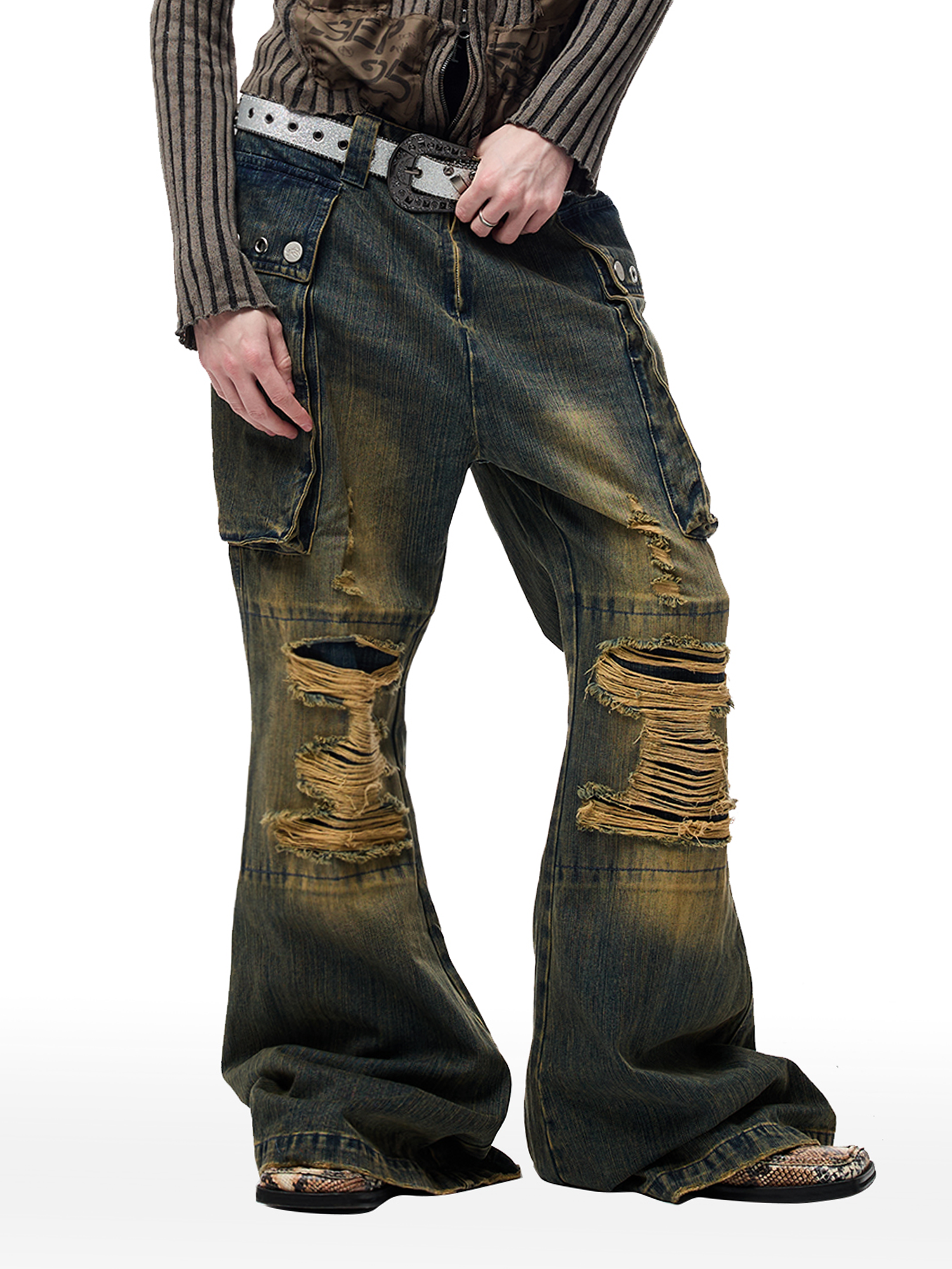 CYCYCY Distressed Big-Pocket Flared Jeans