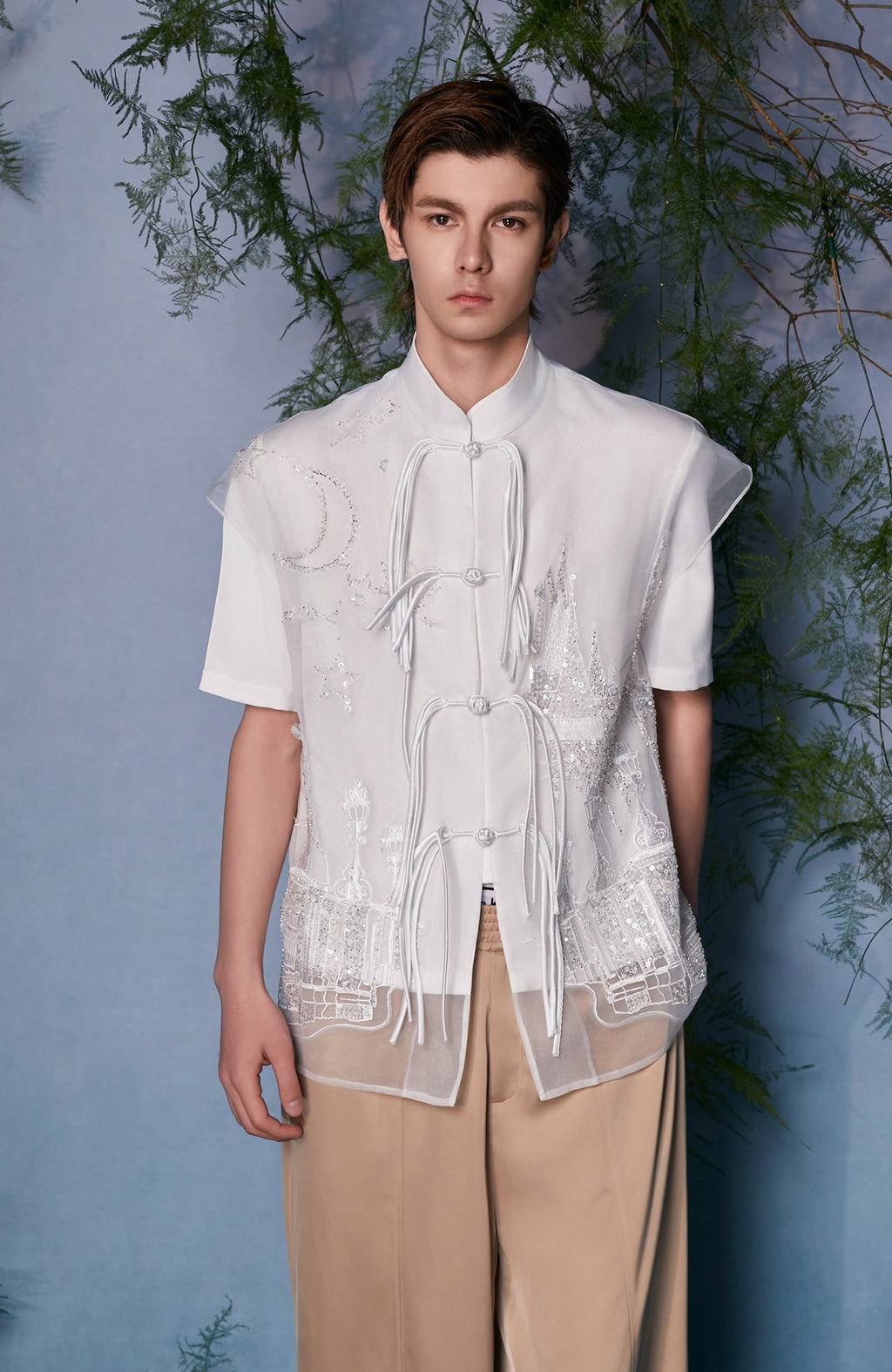 JIECHI Mandarin Embroidered Mesh Panel Half Shirt