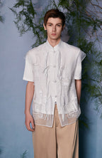 JIECHI Mandarin Embroidered Mesh Panel Half Shirt