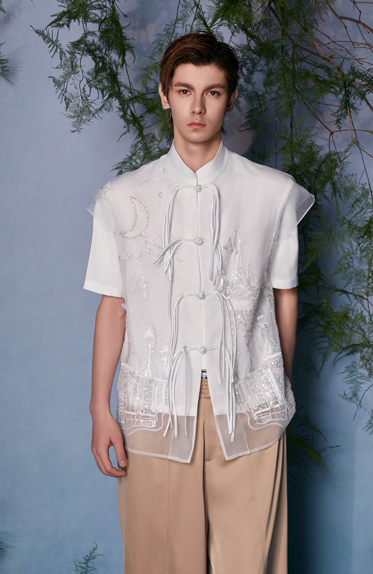 JIECHI Mandarin Embroidered Mesh Panel Half Shirt