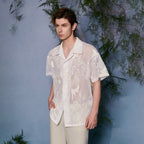 JIECHI Sheer Crane Embroidered Half Shirt