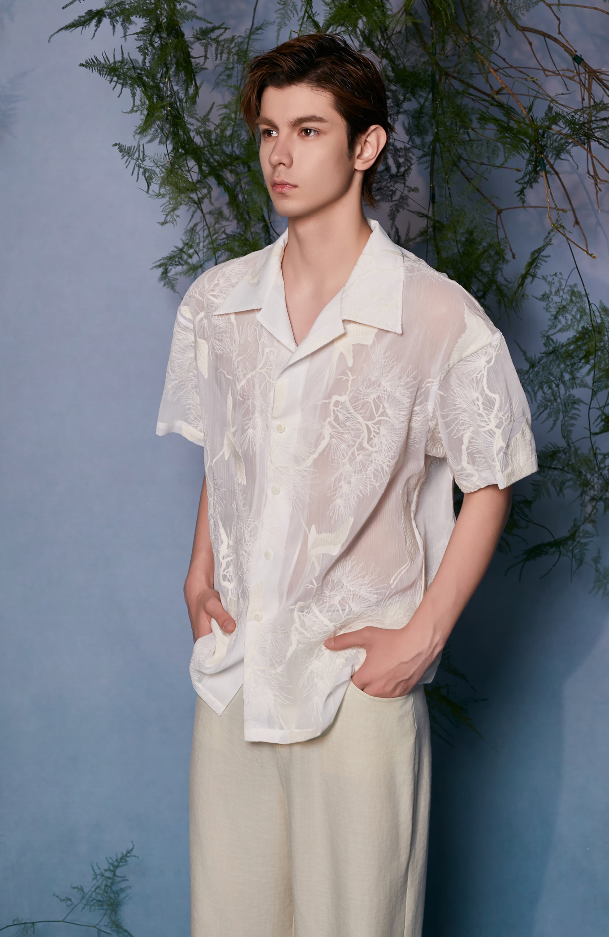 JIECHI Sheer Crane Embroidered Half Shirt