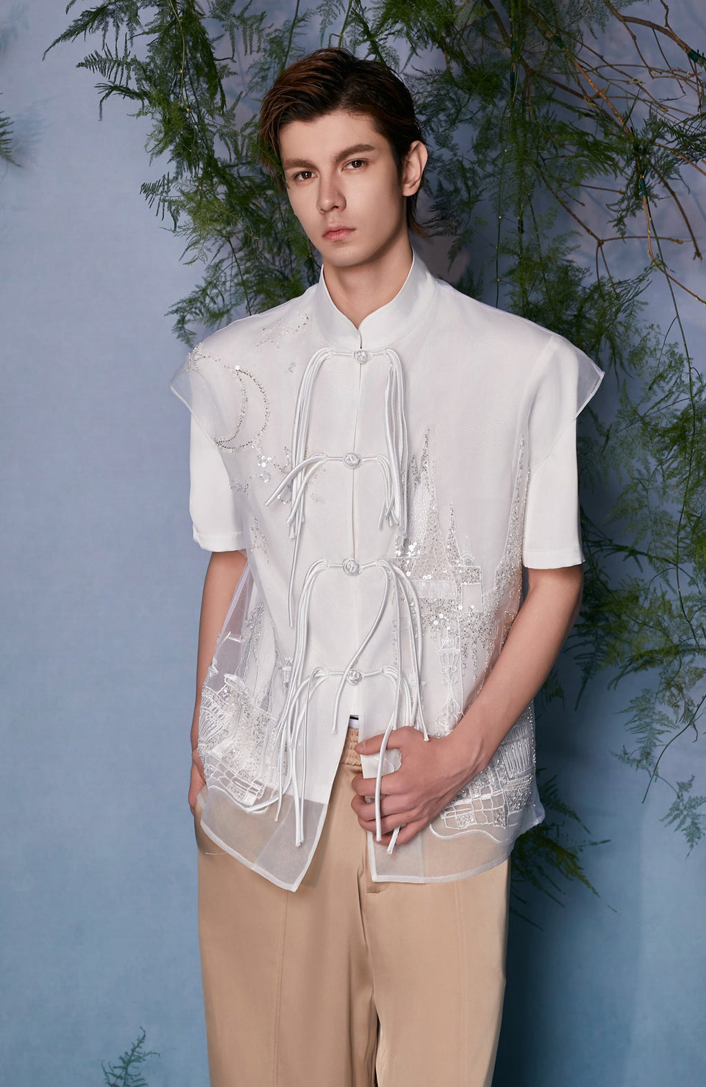 JIECHI Mandarin Embroidered Mesh Panel Half Shirt