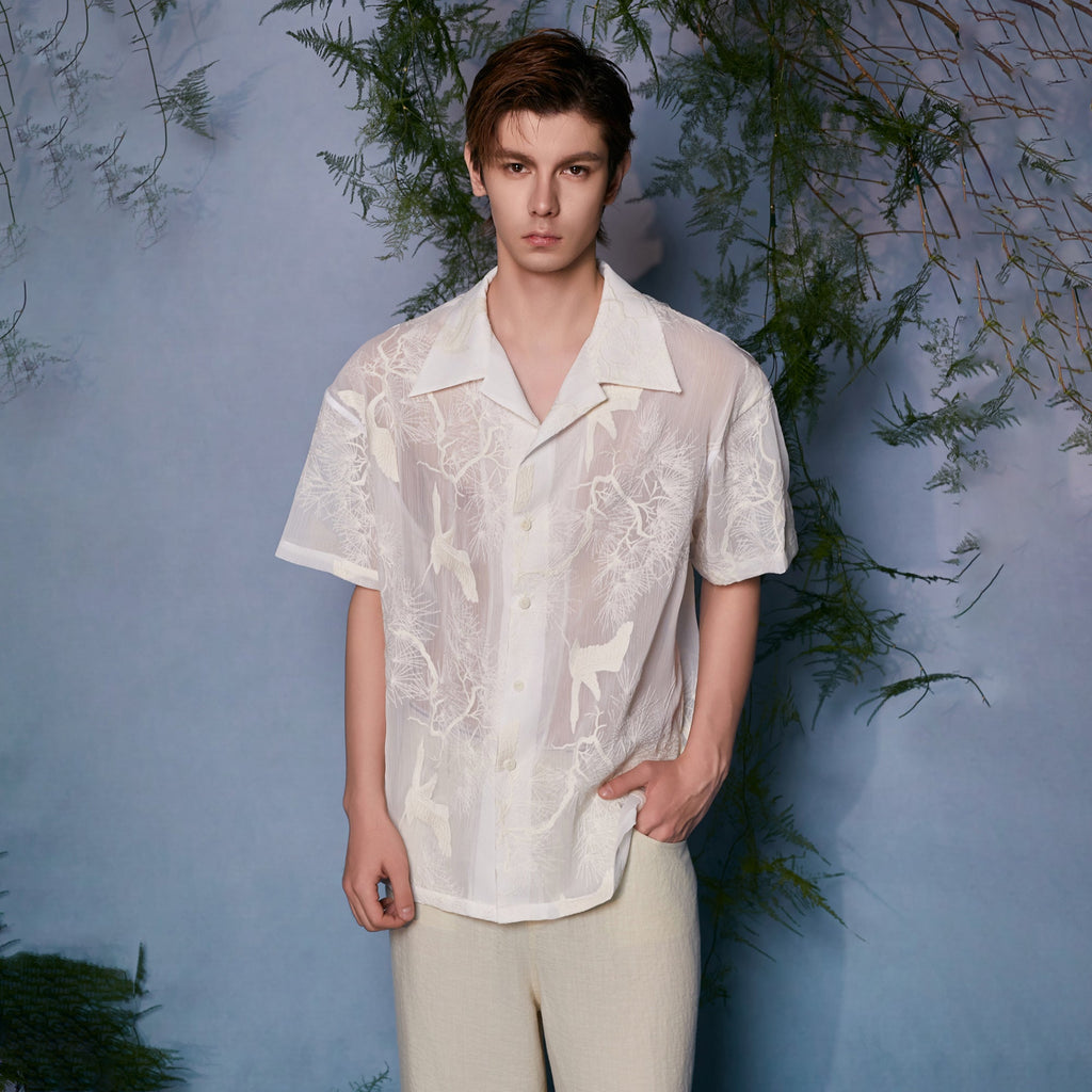 JIECHI Sheer Crane Embroidered Half Shirt