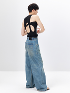 TUIMU Back Cut-Out Ribbed Tank Top Black