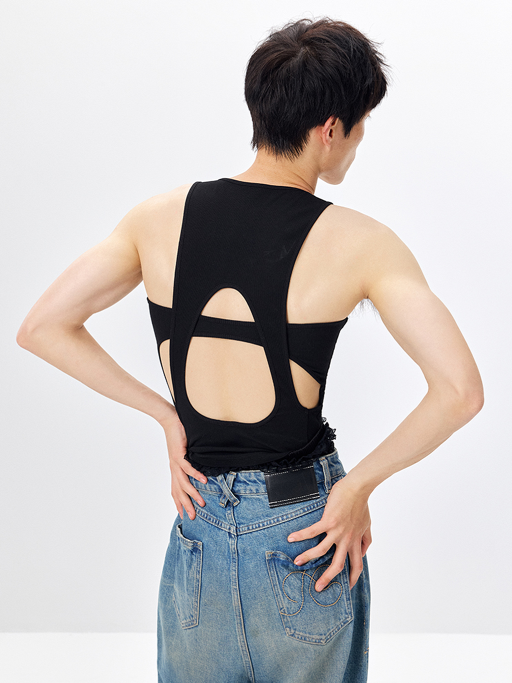 TUIMU Back Cut-Out Ribbed Tank Top Black