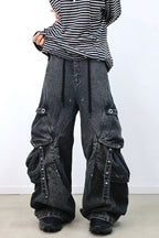 RELABEL Washed Paneled Strap Oversized Cargo Jeans Black