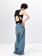 TUIMU Back Cut-Out Ribbed Tank Top Black