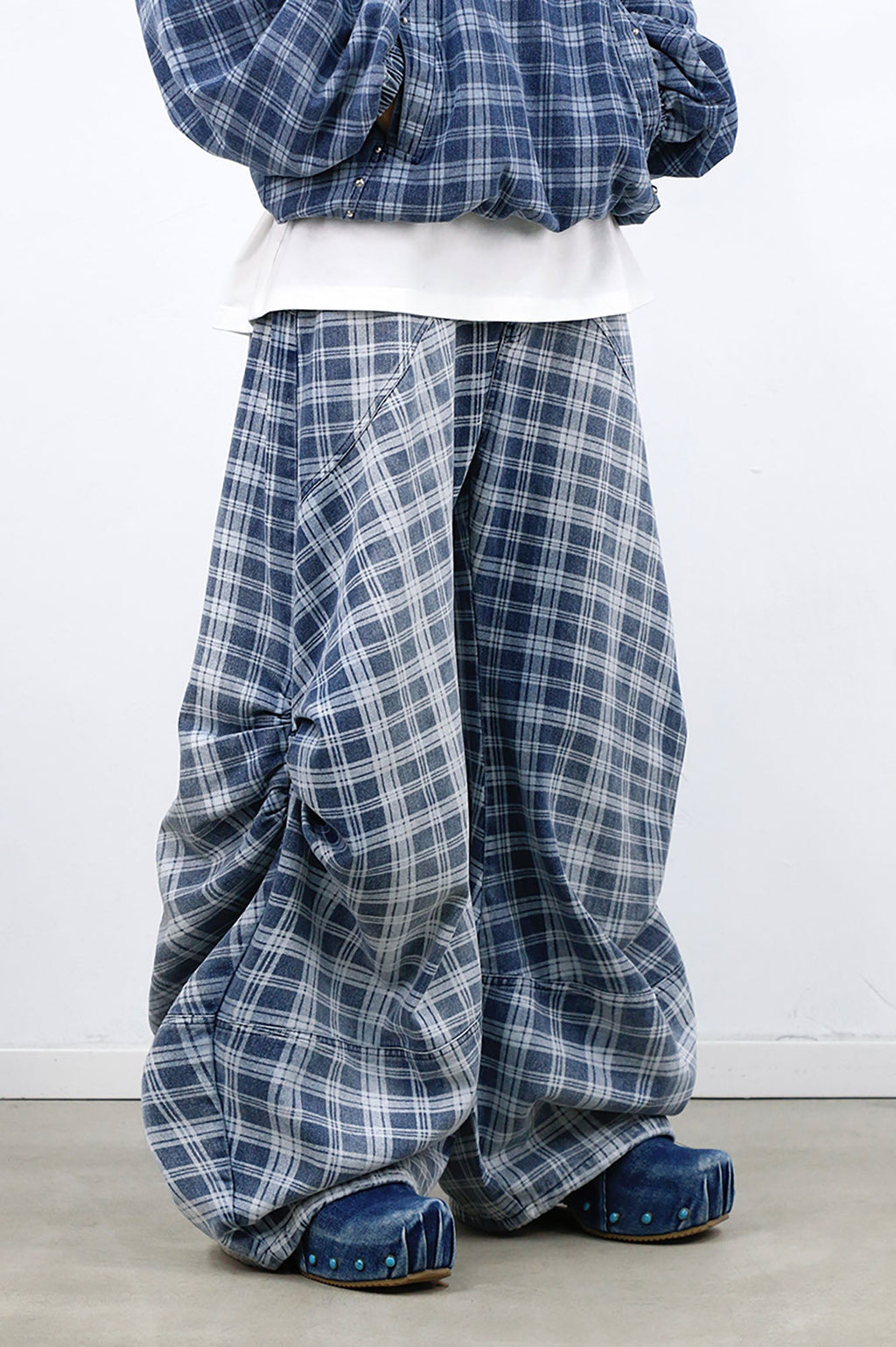 RELABEL Washed Plaid Paneled Oversized Jeans