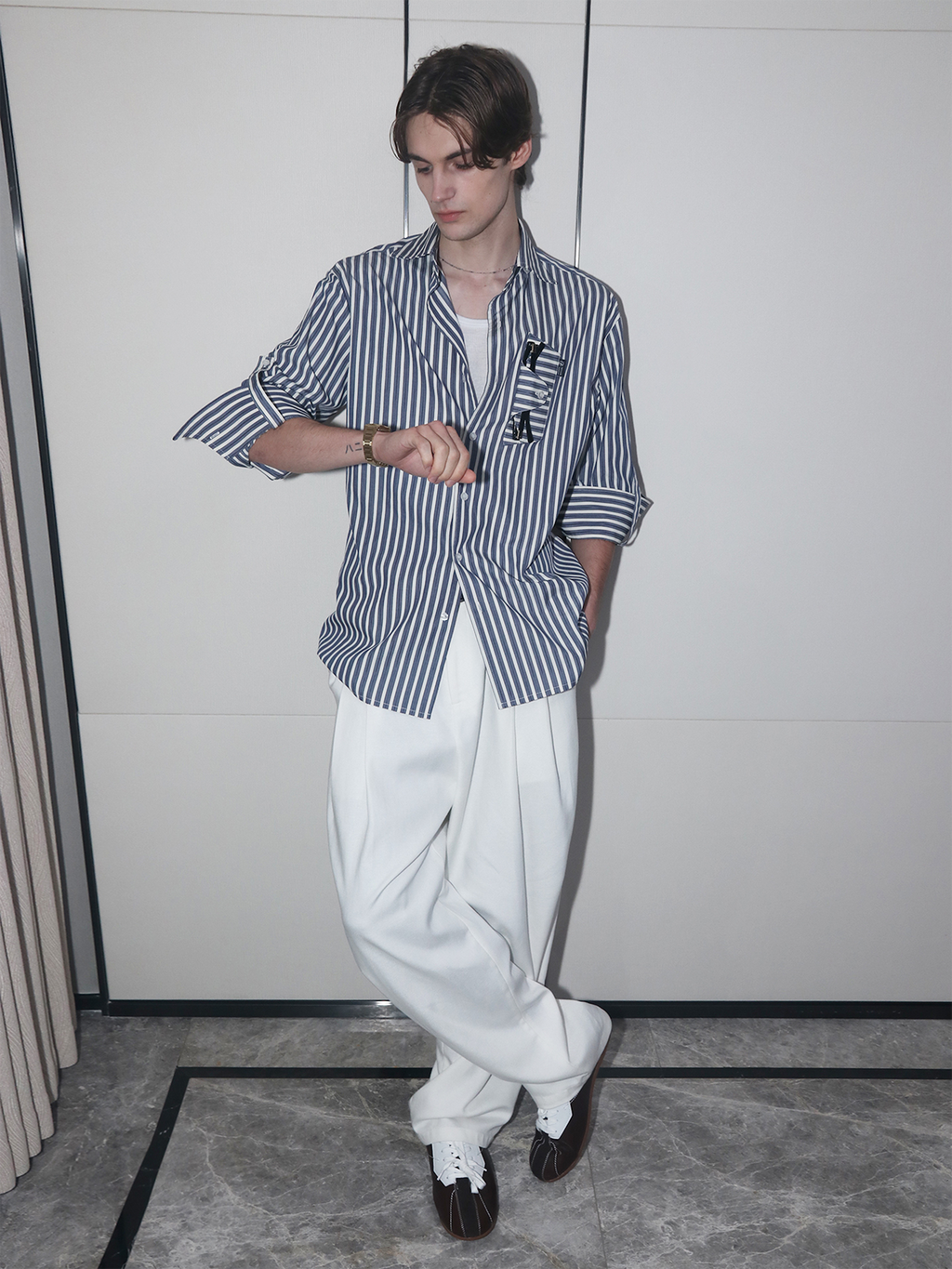 ASSEEN Striped Glasses Pocket Half Shirt Blue