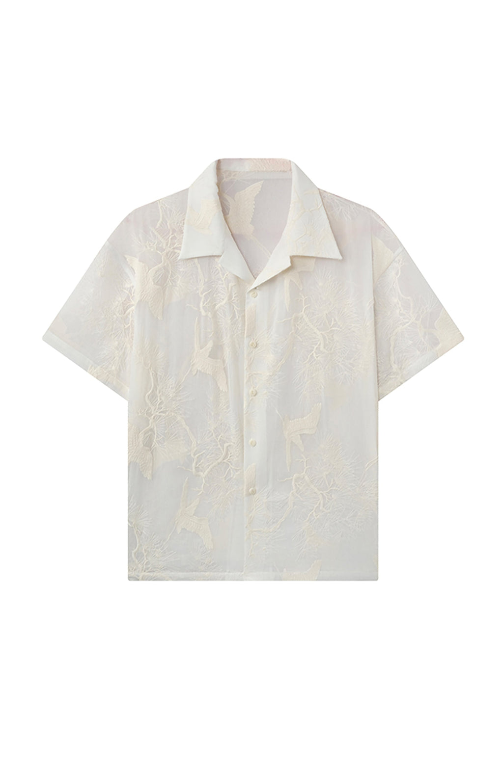 JIECHI Sheer Crane Embroidered Half Shirt