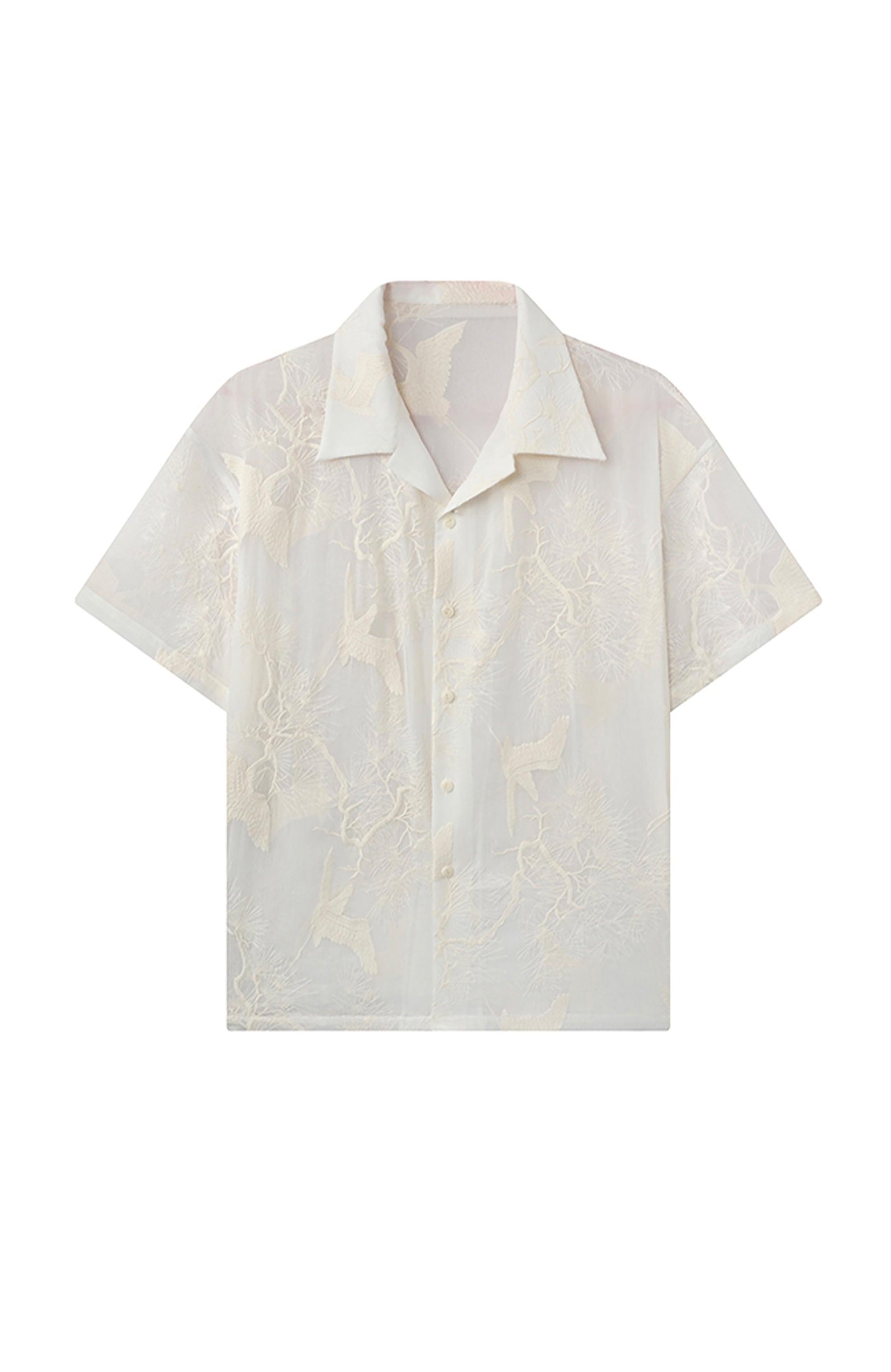JIECHI Sheer Crane Embroidered Half Shirt