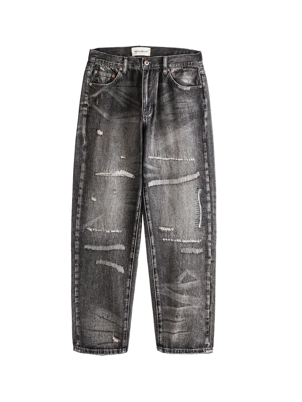 ME DA IGUAL Washed Destroyed Patch Straight-Leg Jeans