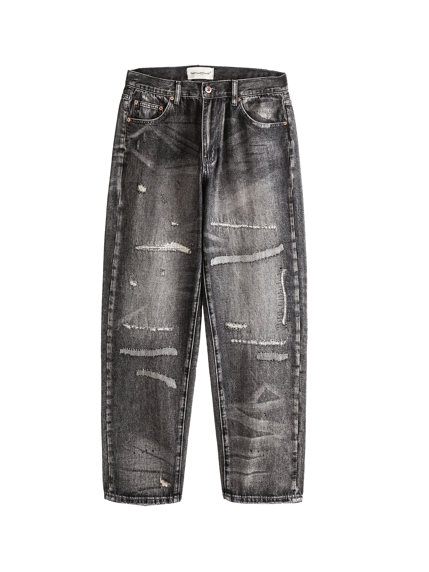 ME DA IGUAL Washed Destroyed Patch Straight-Leg Jeans