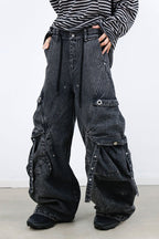 RELABEL Washed Paneled Strap Oversized Cargo Jeans Black