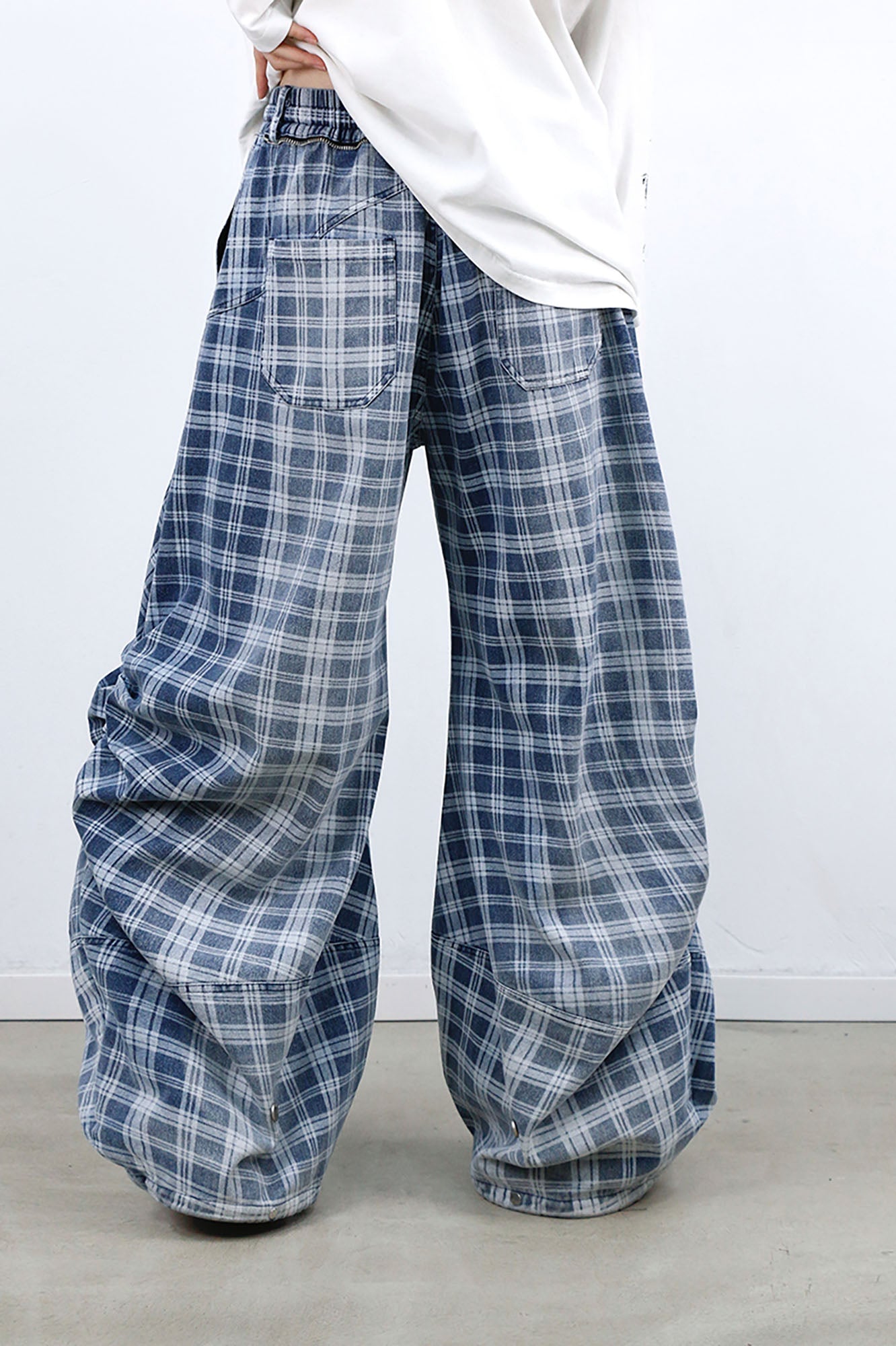 RELABEL Washed Plaid Paneled Oversized Jeans