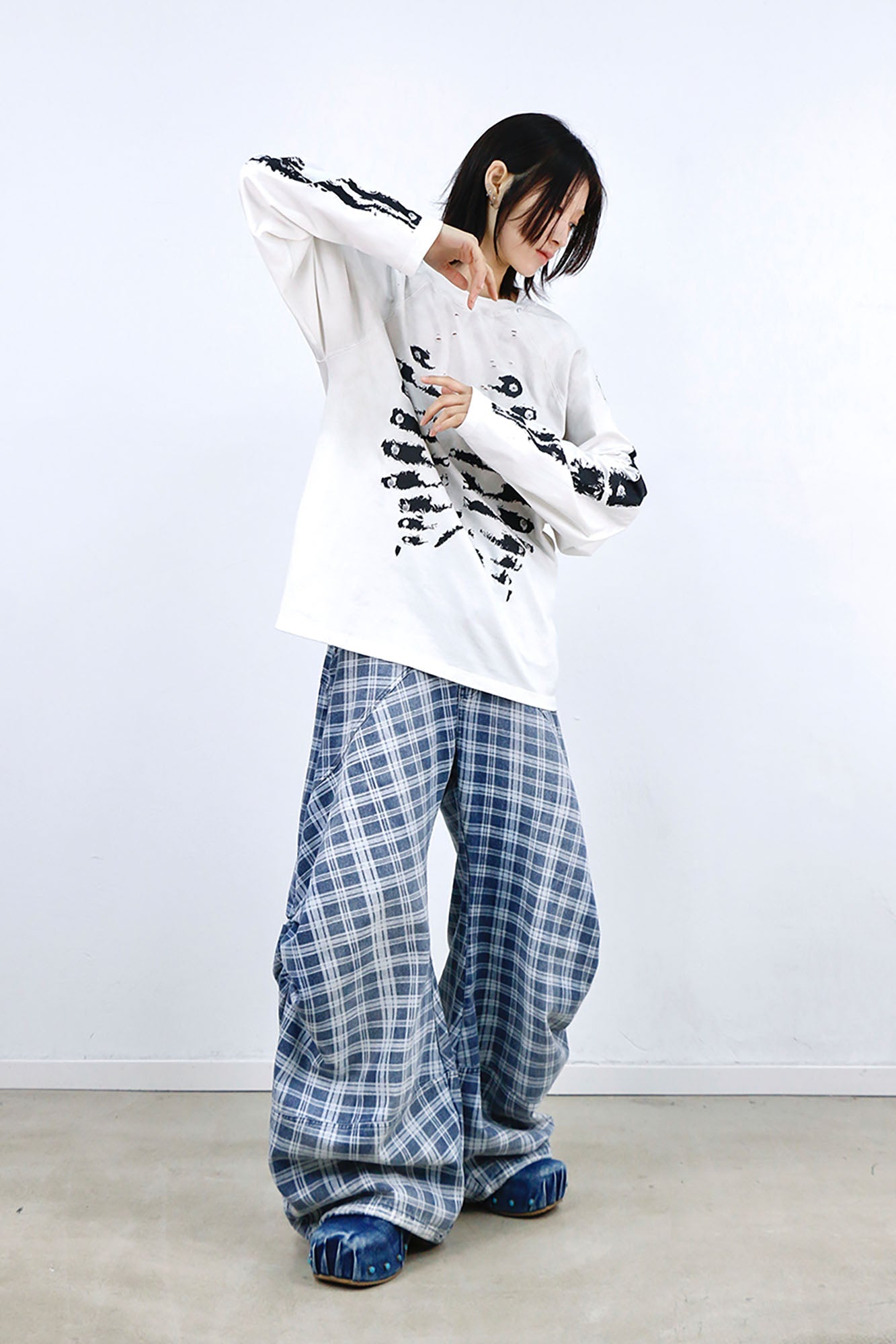 RELABEL Washed Plaid Paneled Oversized Jeans
