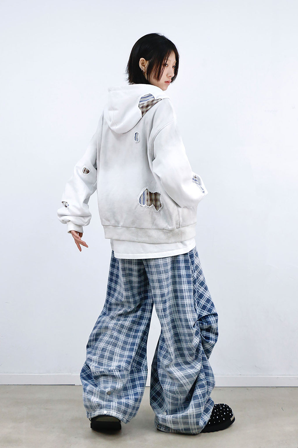 RELABEL Washed Plaid Paneled Oversized Jeans