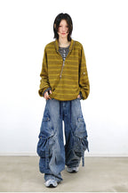 RELABEL Washed Paneled Strap Oversized Cargo Jeans Blue