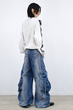 RELABEL Washed Paneled Strap Oversized Cargo Jeans Blue