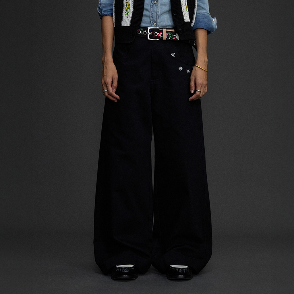 NIANJIUYIKOUER Embroidered Wide-Leg Twill Pants