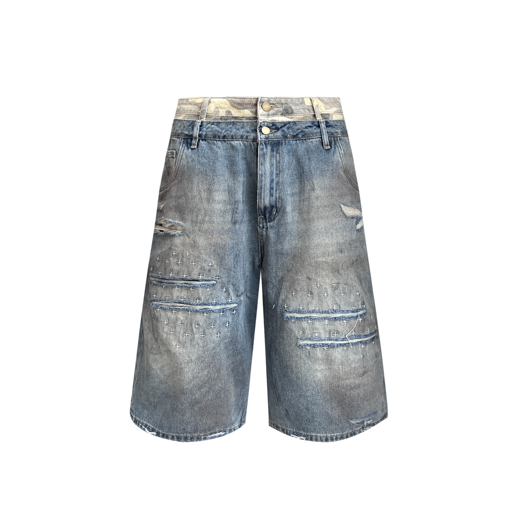 TH4SWE Double-Waist Cross Embroidered Distressed Shorts