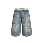 TH4SWE Double-Waist Cross Embroidered Distressed Shorts