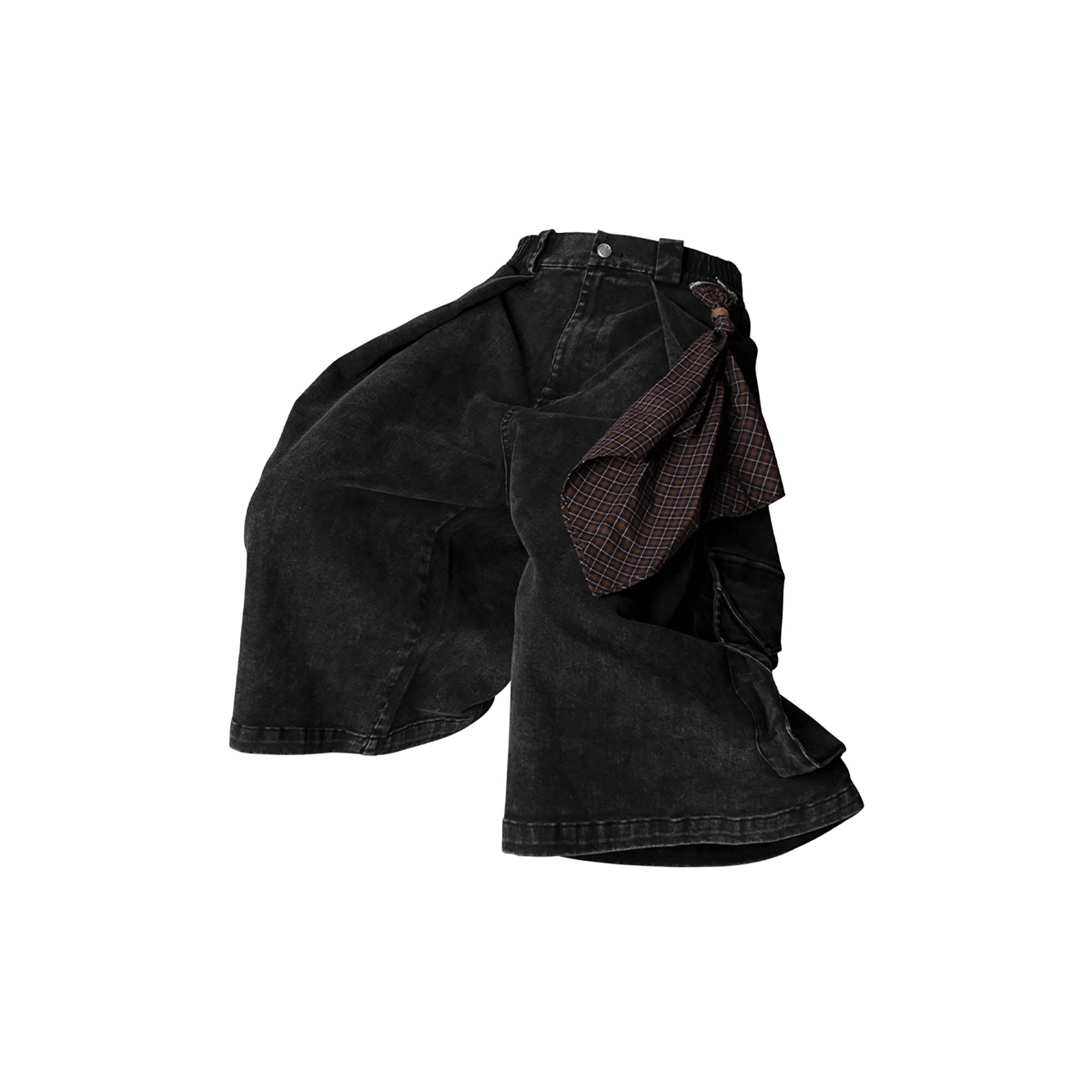 RELABEL Detachable Scarf Washed Multi-Pocket Wide-Leg Shorts Black