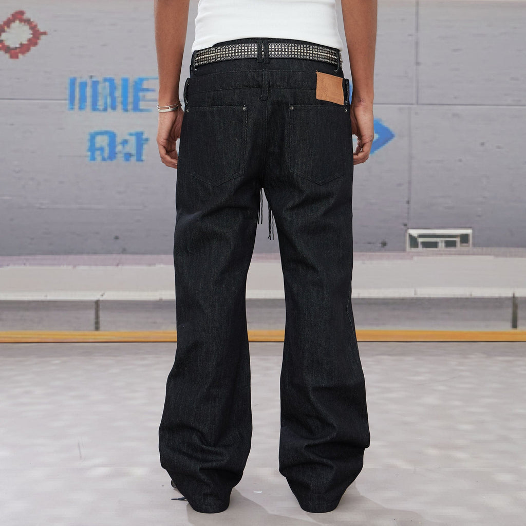 DND4DES Slanted Zipper Lace-Up Double-Waistband Raw Jeans